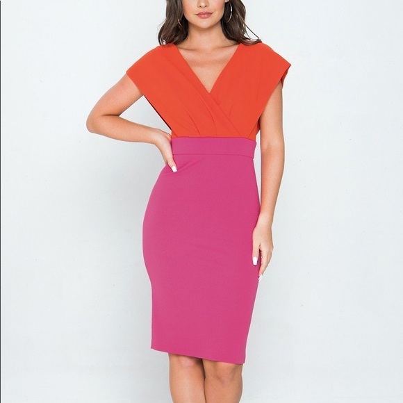SURPLICE COLOR BLOCKED DRESS - Picture 2 of 4